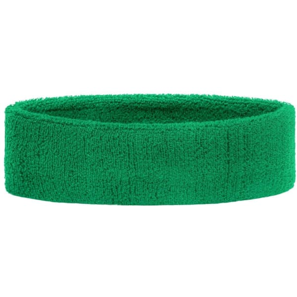 A green terry headband made of soft material. It has a simple design and a textured finish.
