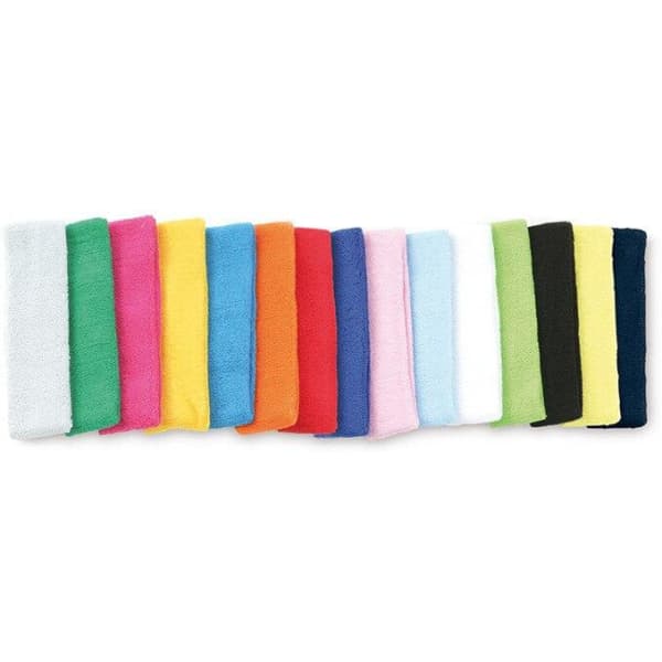 A selection of Terry Headbands in various colours, including pink, blue, green, yellow, and black. Each headband features a logo.