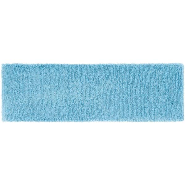 A blue terry headband with a soft, textured surface, featuring a logo.