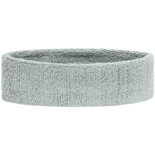 A grey terry headband with a soft, textured fabric. It features a simple design and has a logo on it.