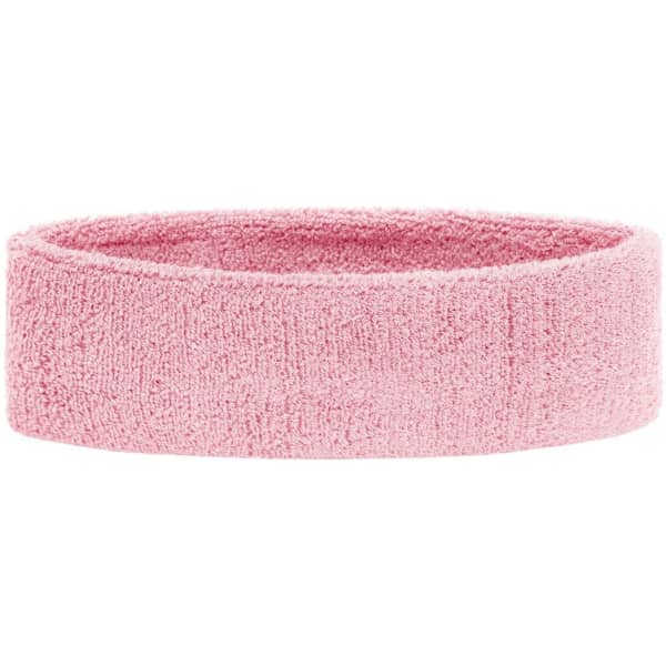 A pink terry headband with a soft, textured surface and a circular shape, featuring a small logo.
