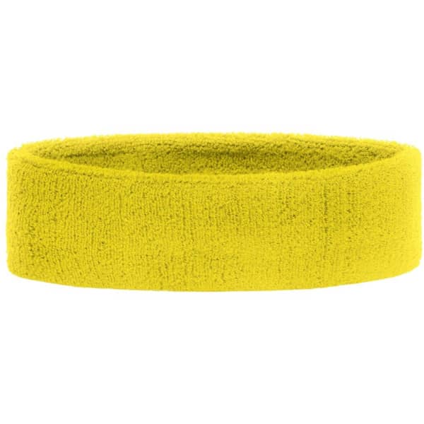 A yellow Terry Headband with a soft, textured finish; features a logo on the side.
