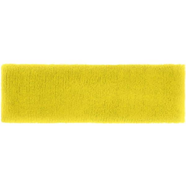 A bright yellow terry cloth headband with a soft texture, featuring a logo on one side.
