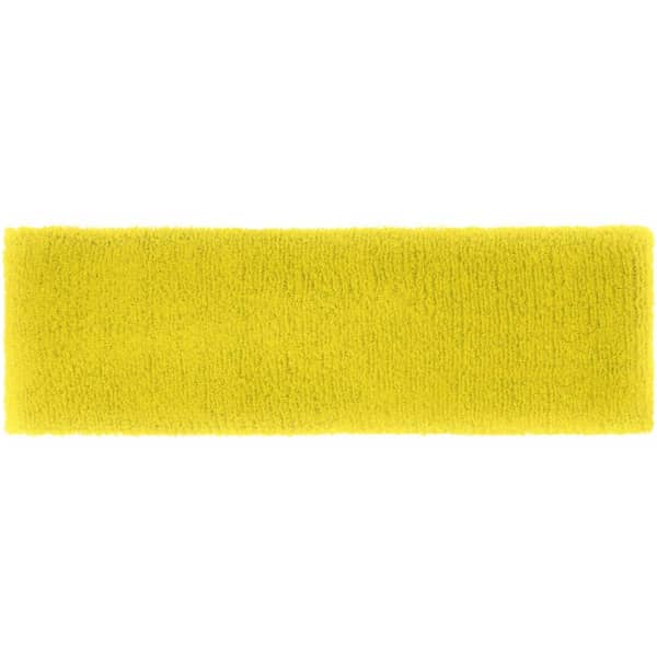 A bright yellow terry headband with a soft, textured fabric. It has a branded logo.