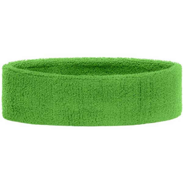 A green Terry Headband made of soft fabric, featuring a logo on one side. Suitable for headwear.