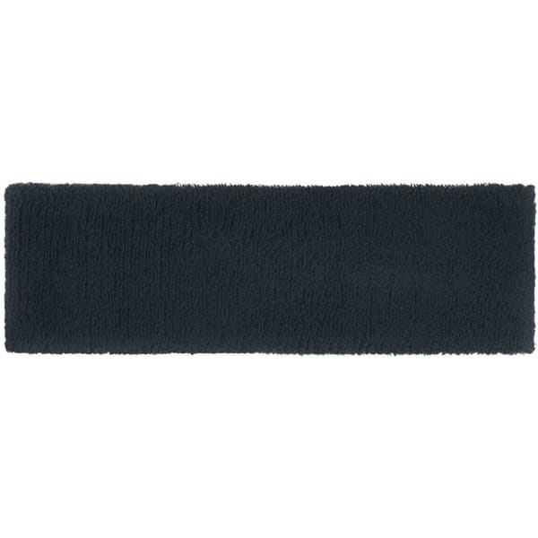 A dark navy terry headband with a soft, textured surface, featuring a logo.