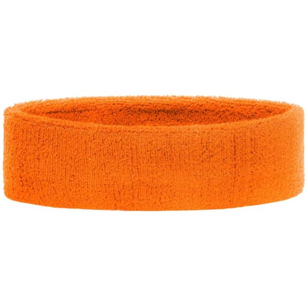 An orange terry headband made of soft fabric, featuring a logo. Ideal for headwear.