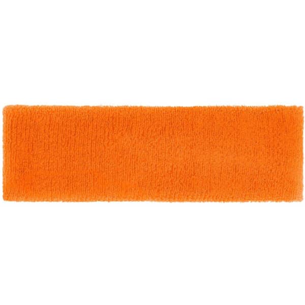 An orange terry headband featuring a soft, textured surface and a logo on one side.