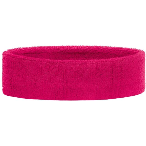 A pink terry headband made of soft fabric, featuring an embroidered logo.