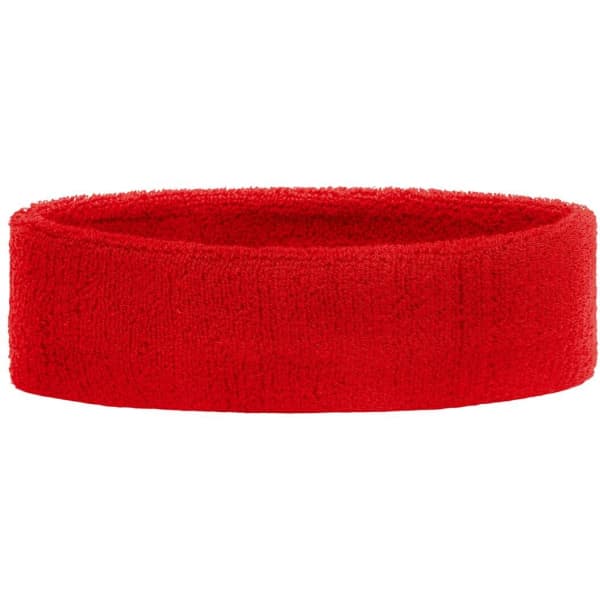 A red terry headband with a soft, absorbent texture and a simple design. It features a logo.