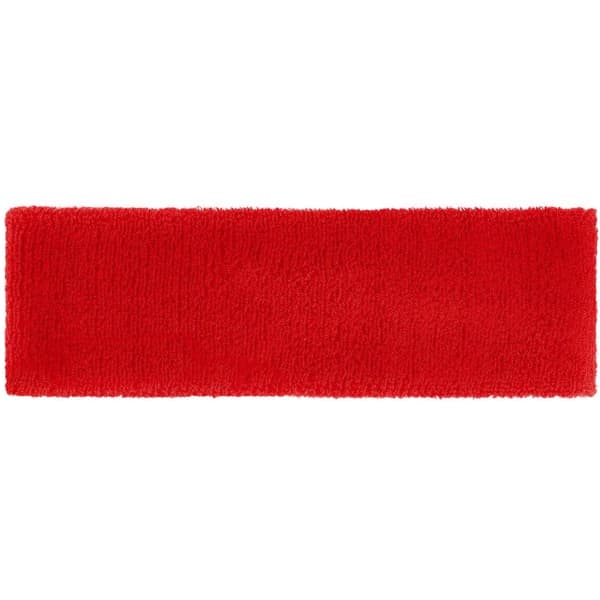 A red terry headband with a soft, textured finish. It features a logo.