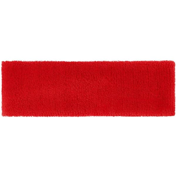 A red Terry Headband made of soft, fuzzy material, featuring a logo.
