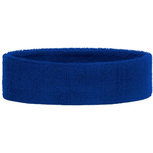 A blue Terry headband with a textured, plush appearance, featuring a simple design and a logo.