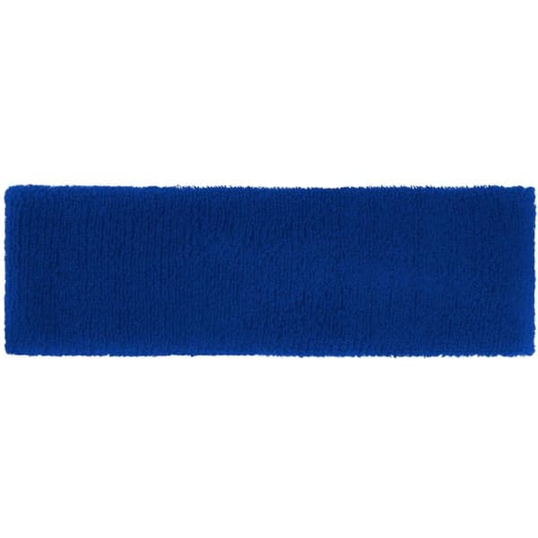 A blue terry headband with a soft, textured surface and a subtle branding logo.