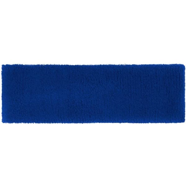 A blue Terry headband with a soft texture, featuring a simple design and a logo on one side.