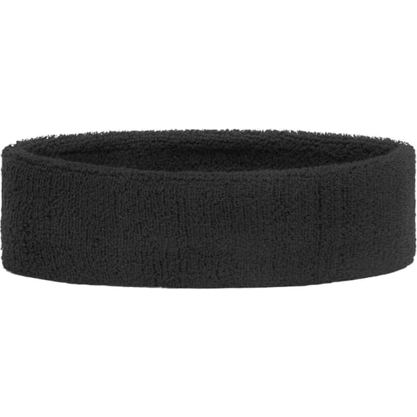 A black terry headband, made of soft, absorbent fabric, features a simple design and a logo.