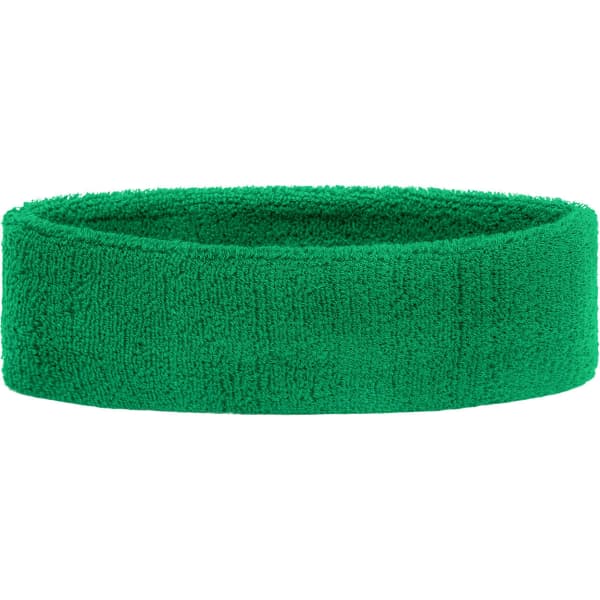 A green terry headband with a soft, textured surface, featuring a logo at the back.