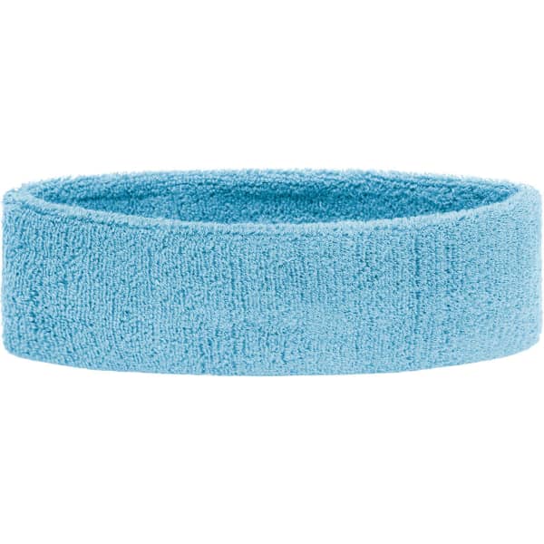 A blue terry headband with a soft, textured surface and an elastic design. It features a logo.