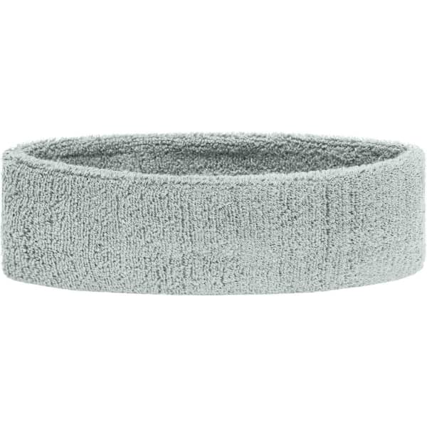 A grey terry headband with a soft, textured surface, suitable for various activities. It features a branding logo.