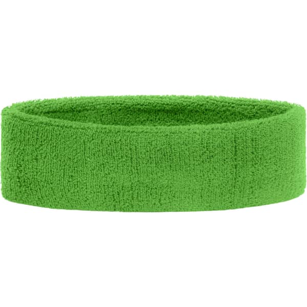 A green terry headband with a soft, textured fabric. It features a simple design and has a branding logo.