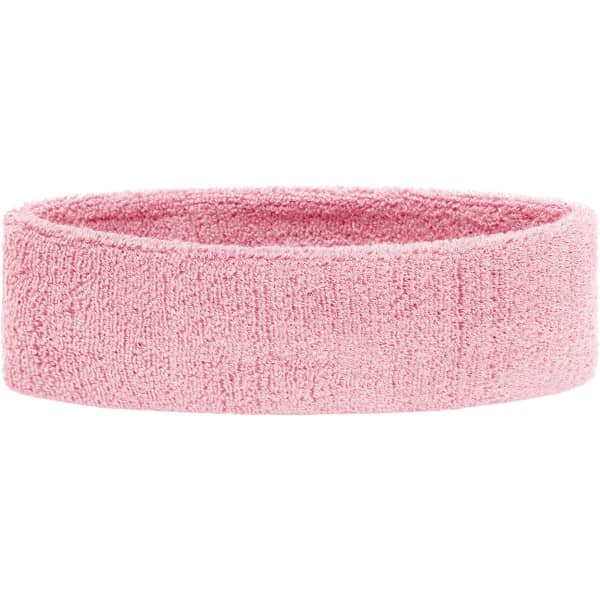A pink terry headband with a textured surface, designed for hair management, featuring a logo.