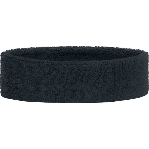 A black terry headband made from soft absorbent fabric, featuring a simple design and a woven texture.