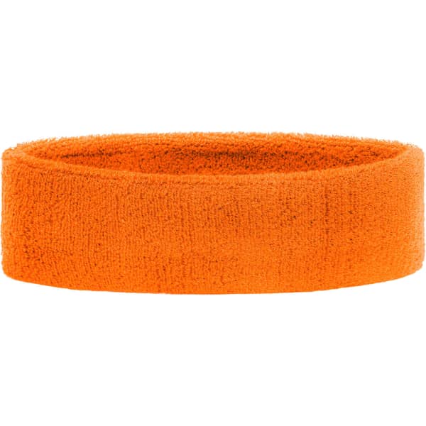 An orange terry headband made of soft, absorbent material, featuring a logo.