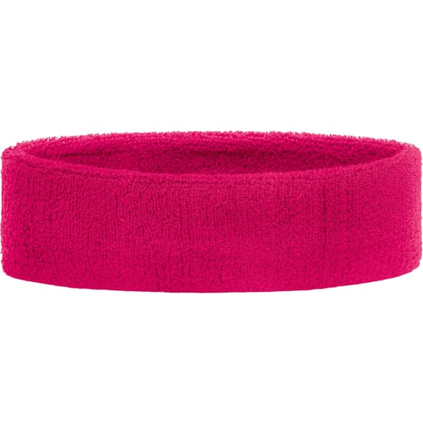 A pink Terry headband displayed flat, featuring a soft, textured appearance. It includes a logo.