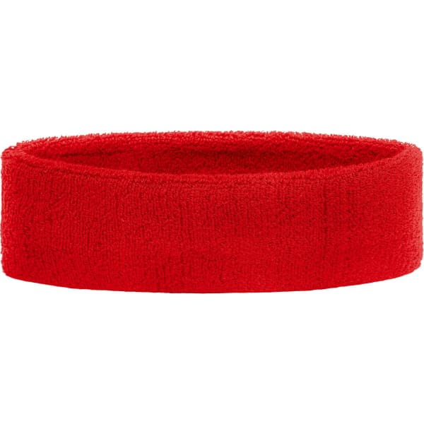 A red Terry headband featuring a soft, textured design and a branding logo.