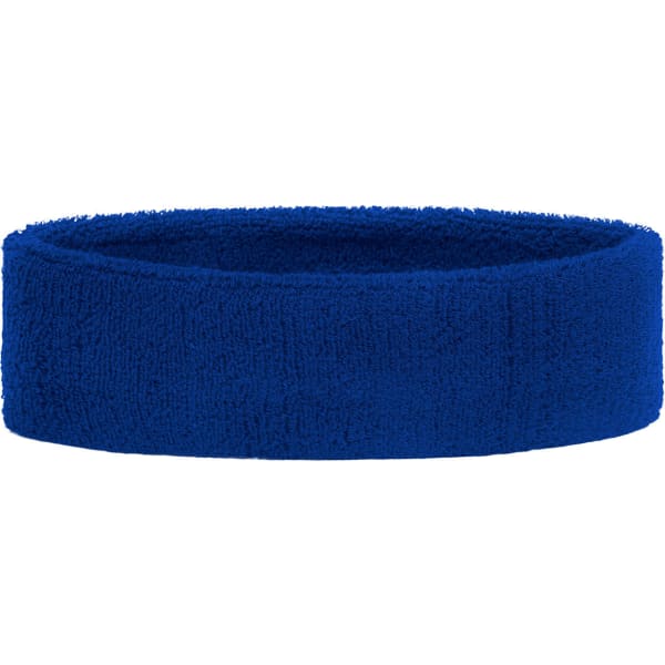 A blue terry headband made from soft, absorbent fabric, featuring a simple design. It has a logo.