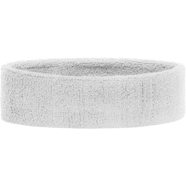 A grey terry headband with a soft, plush texture, featuring a logo on one side.