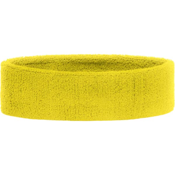 A yellow Terry Headband with a soft, textured fabric and a logo on the side.