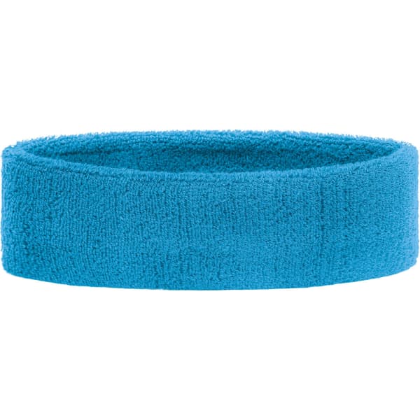 A blue terry headband with a soft, textured surface and a circular shape, featuring a logo.