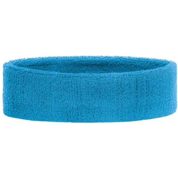 A blue Terry Headband with a soft, textured finish and a circular shape. It features a logo on the side.