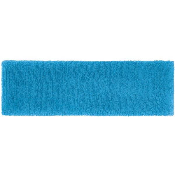 A blue terry headband made of soft, textured fabric, featuring a logo.