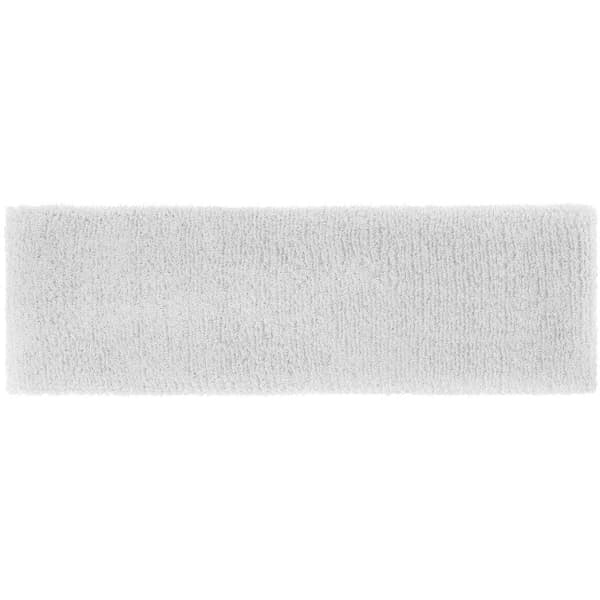 A white Terry headband with a soft, fuzzy texture, featuring a logo.