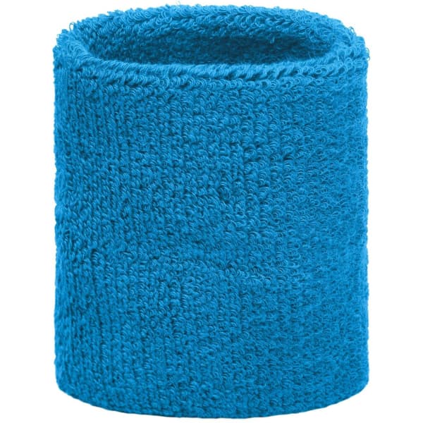 A blue Terry Wristband, made from soft terry cloth material, featuring a simple design and a logo on it.