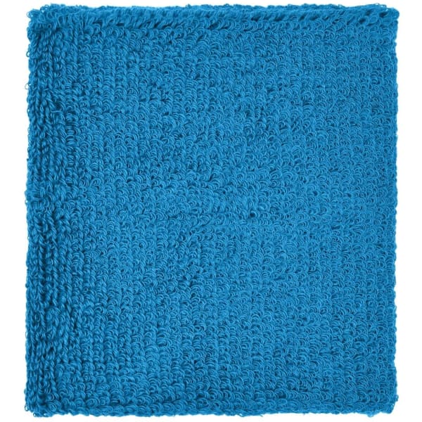 A textured blue Terry wristband with a fluffy surface, suitable for headwear or athletic use.