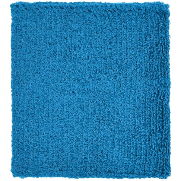 A textured blue Terry Wristband with a plush surface, featuring a simple design and a logo.