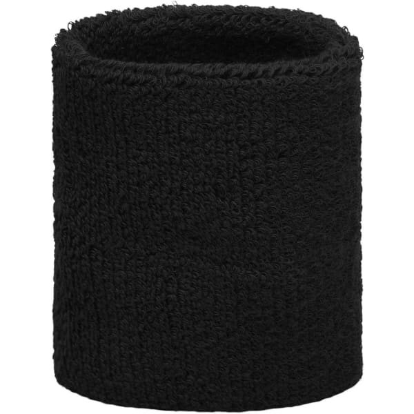 A black Terry Wristband with a textured fabric, featuring a logo. Ideal for headwear accessories.
