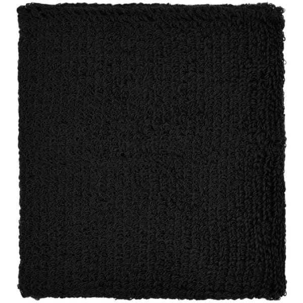A black Terry Wristband made of soft, textured fabric, featuring a logo.