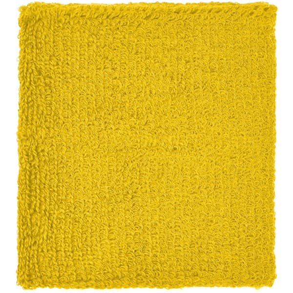 A bright yellow Terry wristband with a textured surface, featuring a logo on one side.