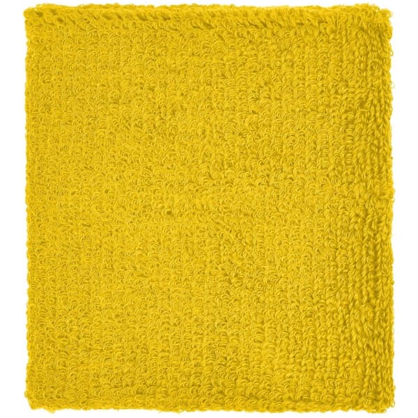 A yellow Terry Wristband with a textured surface, featuring a logo in the corner.