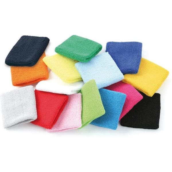 A collection of Terry Wristbands in various colours, including blue, green, orange, pink, and yellow, with a logo.