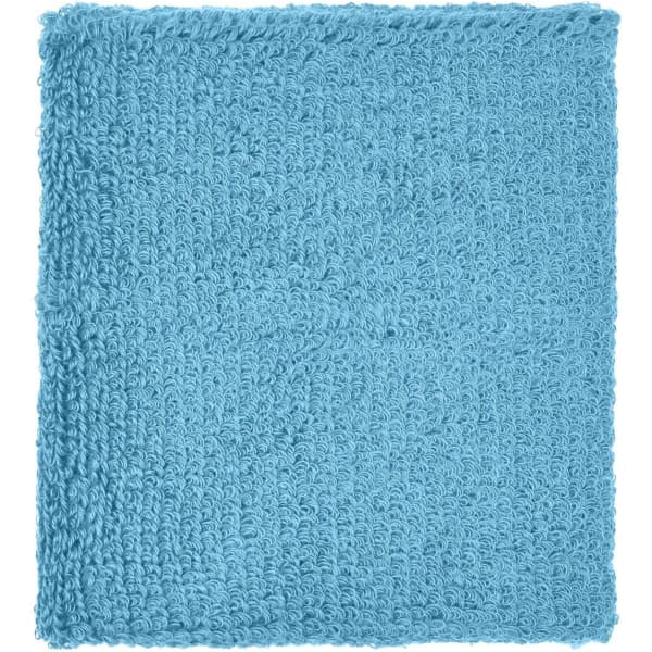 A blue terry wristband featuring a textured, fluffy surface, suitable for headwear. It includes a logo.