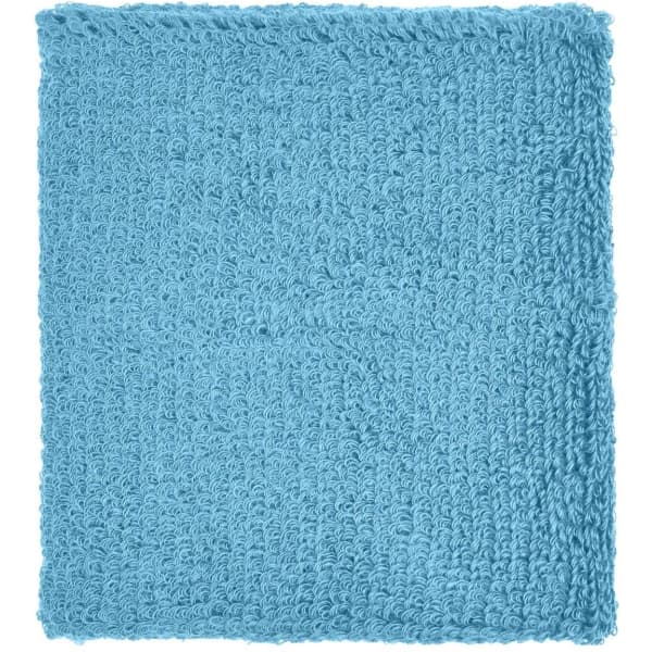 A soft, textured blue Terry wristband with a square shape, featuring a logo.