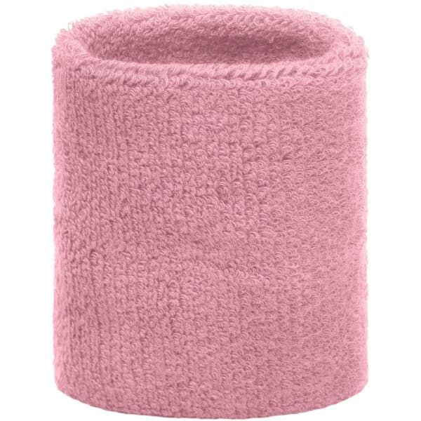 A pink Terry Wristband with a soft, textured fabric, suitable for headwear. Features a logo on the side.