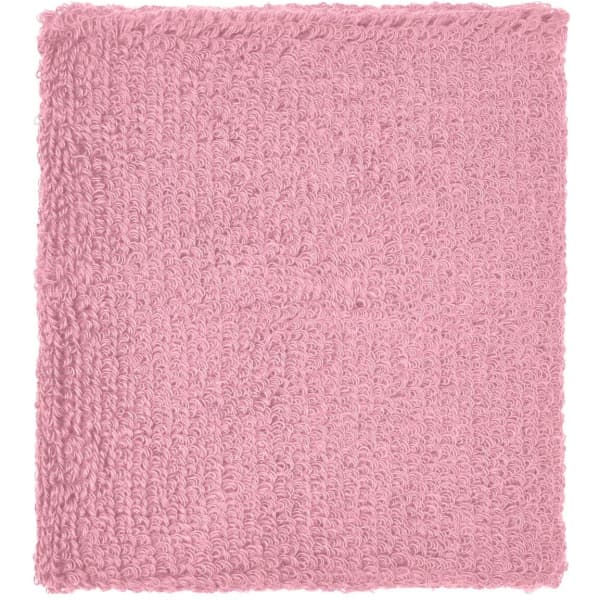 A pink terry wristband featuring a textured, soft fabric, suitable for headwear accessories. It has a logo.