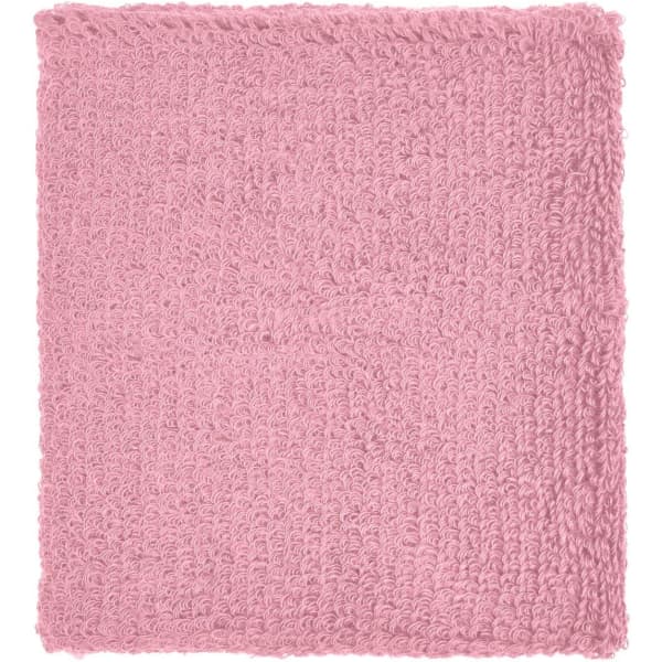A pink Terry wristband with a textured, fluffy surface, featuring a logo on one side.