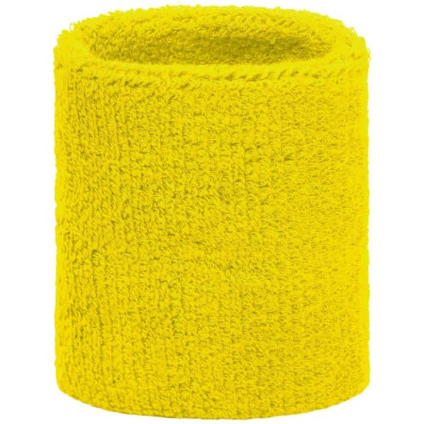 A yellow Terry Wristband, featuring a soft, textured surface and a simple design. It has a logo on it.
